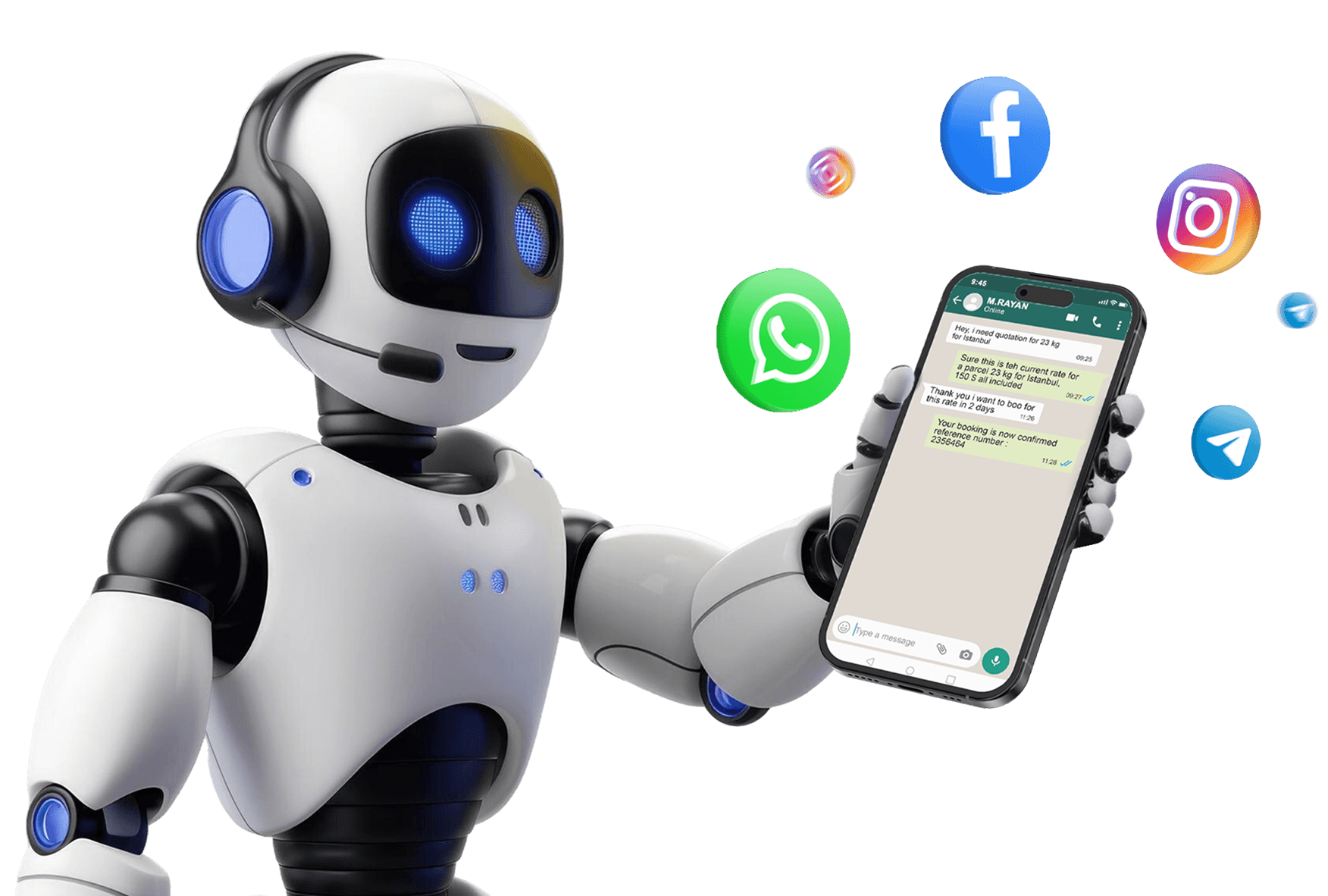 Koolbox robot assistant answering a customer on WhatsApp